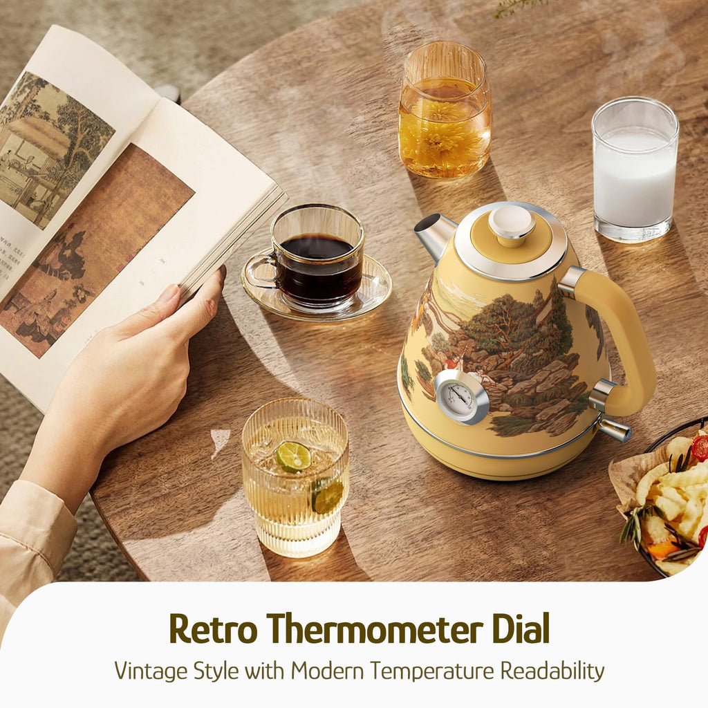 Hazel Quinn Retro Electric Kettle - 1.7 Liters / 57.5 Ounces Tea Kettle with Thermometer, All Stainless Steel, 1200 Watts Fast Boiling, BPA-free, Cordless, Automatic Shut Off - Garden Scenery