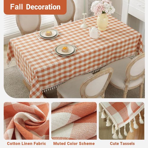 Laolitou Checkered Fall Holiday Tablecloth Rectangle Washable Buffalo Plaid Table Cloth with Tassel Cotton Linen Gingham Thanksgiving Table Cover for Picnic Kitchen Dining Room, Orange, 86 Inch