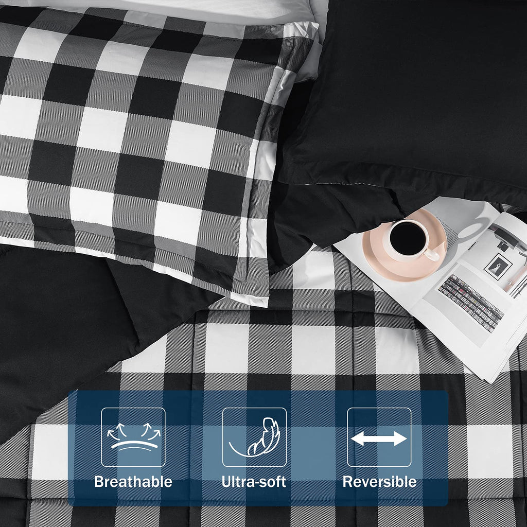 downluxe Lightweight Plaid Comforter Set (King) with 2 Pillow Shams - 3-Piece Set - Black/White Plaid - Down Alternative Reversible Comforter
