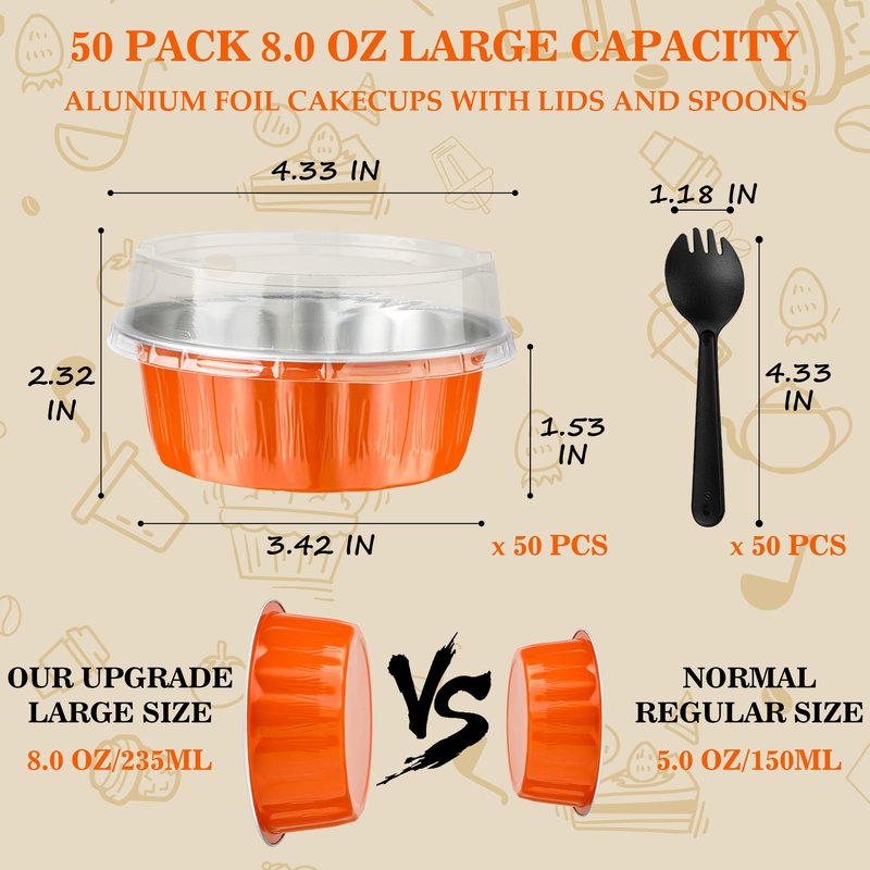 BAKINGPAK Round Baking Cups with Lids, 50PCS 8OZ Mini Aluminum Foil Pans Mini Cake Pans with Lids Cupcake Liners Muffin Pan Individual Cupcake Containers for Birthday, Orange
