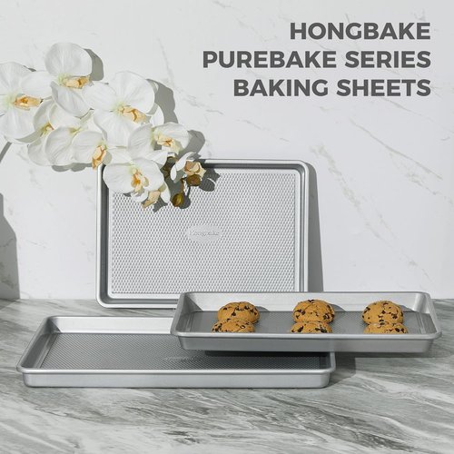 HONGBAKE Non-Toxic Baking Sheet Pan Set - Heavy-Duty Aluminized Steel | 3 Textured Nonstick Cookie Sheets