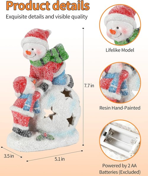 iStatue Snowman & Child Christmas Ornament - LED Light Resin Figurine | Unique Holiday Home Decor