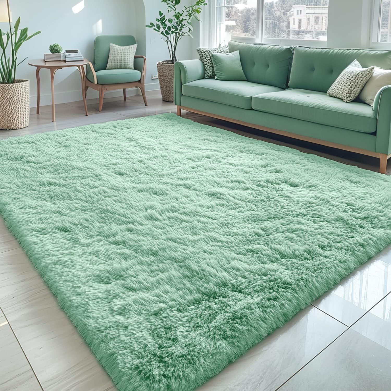 OLANLY Large Area Rug - Soft Fluffy Shaggy Carpet for Living Room & Bedroom | 5x7 Mint Green