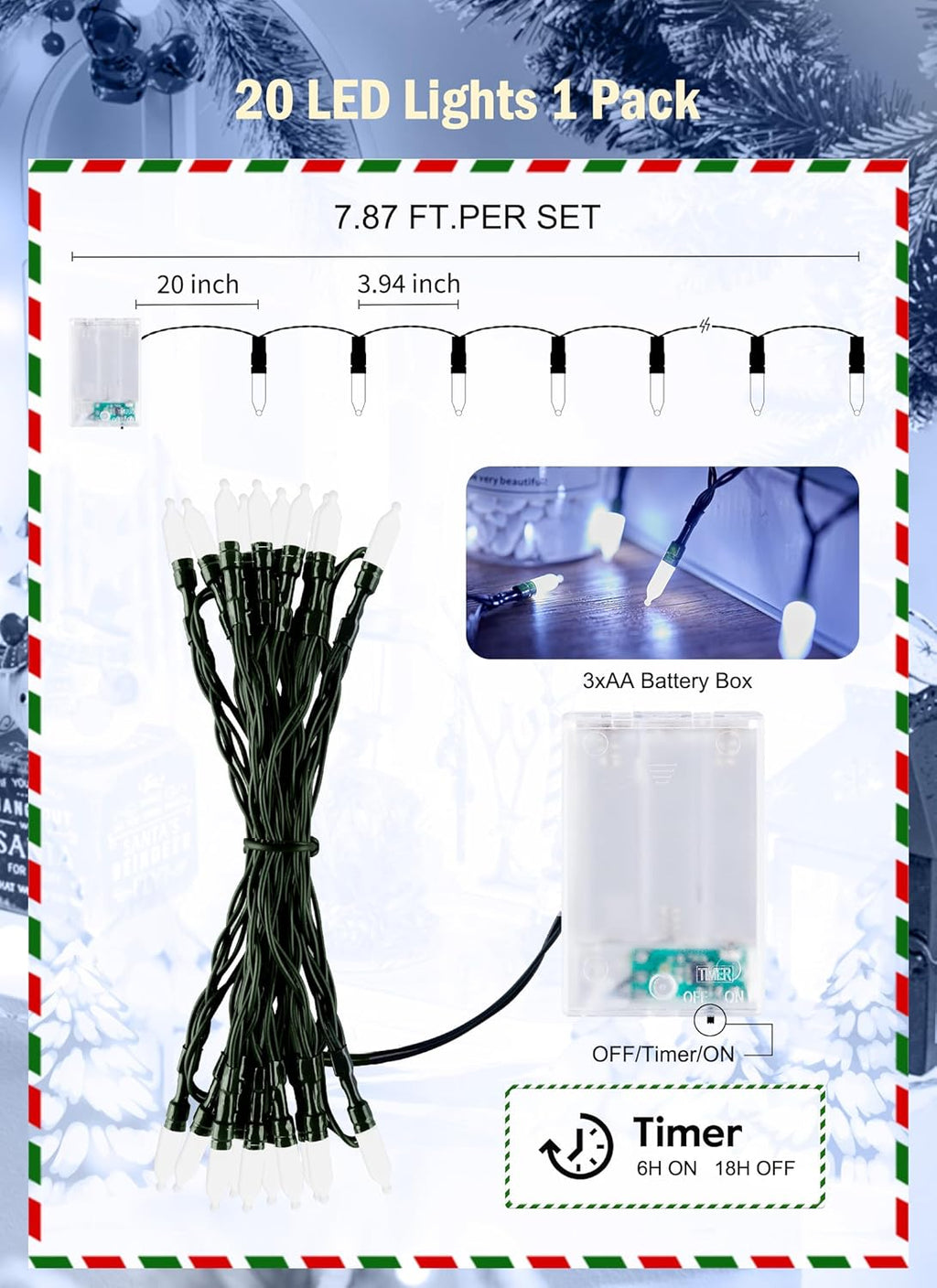 Skiennix Battery Operated Christmas String Lights - 8ft 20 LED Mini Lights with Timer | Pure White for Indoor & Outdoor Decor