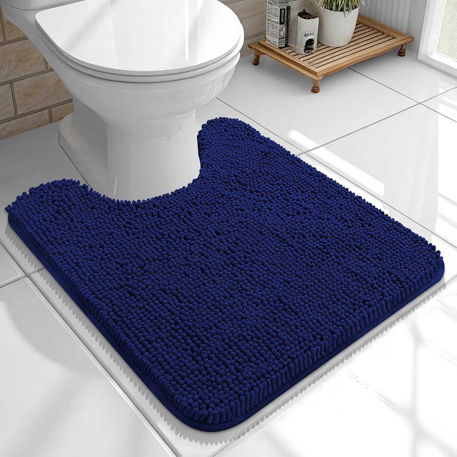 OLANLY U-Shaped Toilet Rugs - Extra Soft Absorbent Chenille Bath Mat | 20x20, Navy, Machine Washable