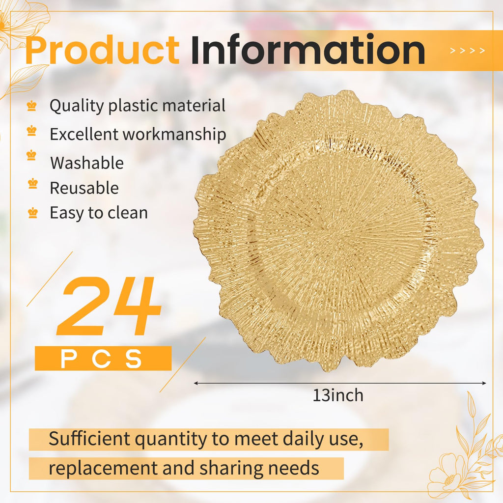24 Pcs Gold Charger Plates Bulk, 13" Reef Plate Chargers for Dinner, Plastic Floral Decorative Plates for Table Setting, Wedding, Party, Event, Decoration