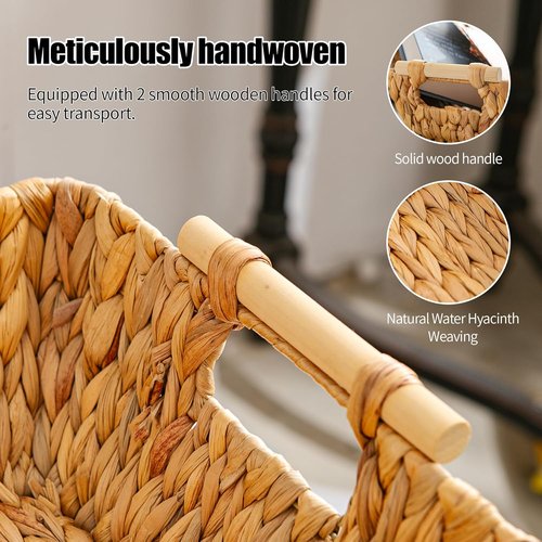 Mowtanco Woven Storage Baskets - Set of 2 Handwoven Water Hyacinth Baskets with Wooden Handles | Perfect for Organizing and Home Decor - Medium Size