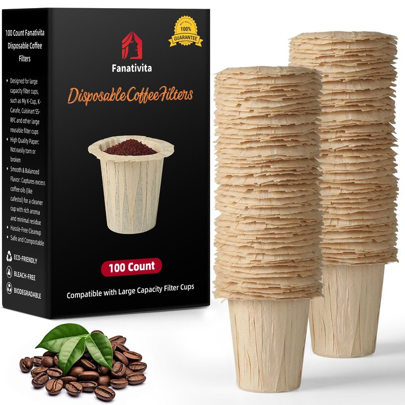 Fanativita Disposable Coffee Filters (2.1" H) for My K-Cup, K-Carafe, Cuisinart SS-RFC and Other Large Reusable Filter Cups (Unbleached 100 Count)