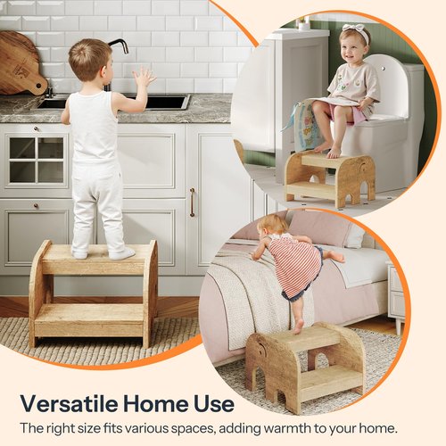 HOOBRO Kids Step Stool, Elephant-Shaped 2-Tier Step Stool for Kids, Wooden Potty Training Stool, Non-Slip Pads for Safety, Easy to Move for SNK, Bathroom, Kitchen, Bedroom, Natural NL04JD01