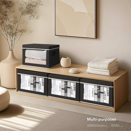 Homsorout Storage Boxes - 5 Pack Foldable Clear Window Bins | Large Decorative Containers for Clothes & Blankets - Black
