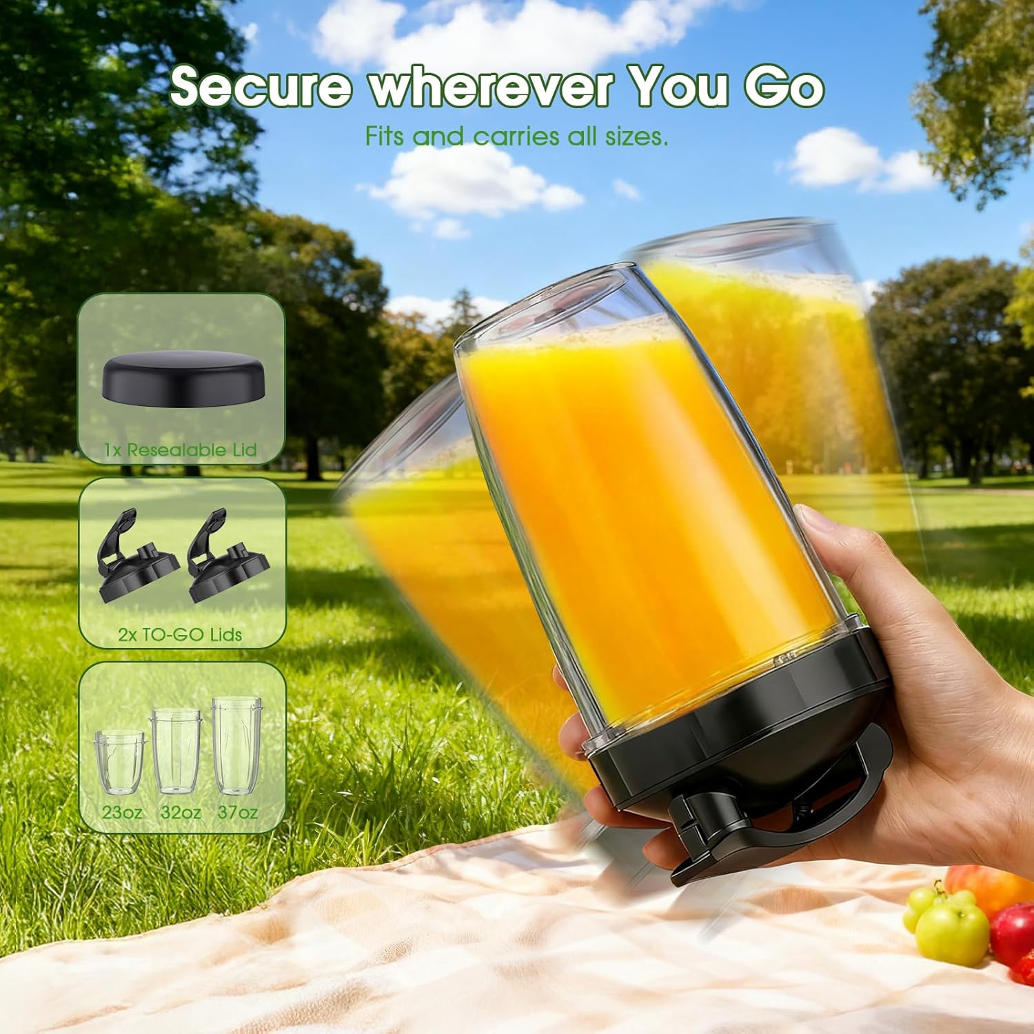 **Smoothie Blender | 25000 RPM Portable Kitchen Blender with 37oz, 32oz & 23oz Cups, 2 Spout Lids**