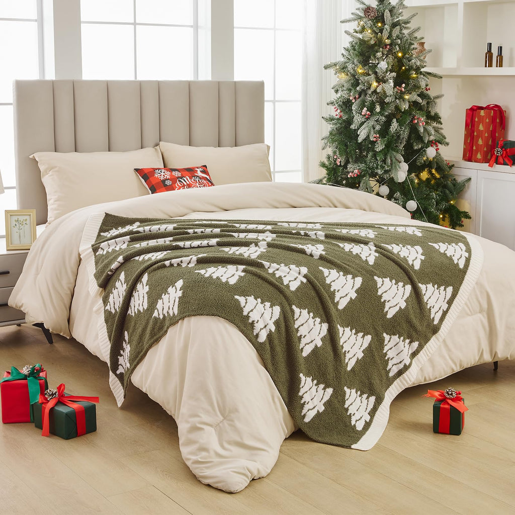 Douceur Christmas Tree Throw Blanket, Ultra Soft Olive Green Fluffy Festival Blanket, Reversible Cozy Decorative Blanket for Bed Couch Sofa, Super Soft Indoor Living Room Plush Throws, 50"X60"