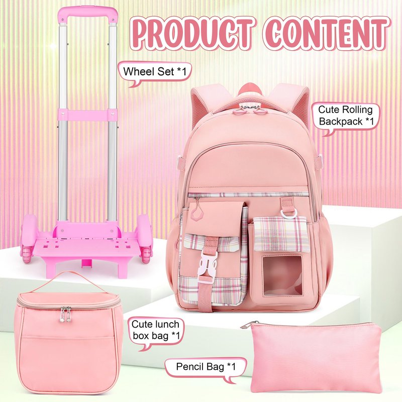 Joceiae Cute Rolling Backpack for Girls, Rolling Wheeled School Bag for Backpack