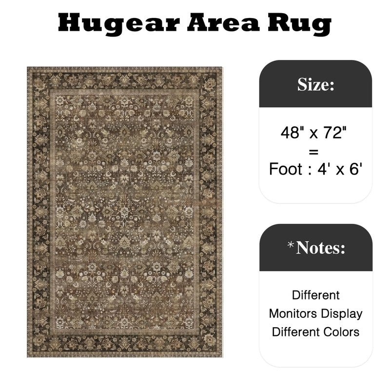 HUGEAR 4x6 Machine Washable Rugs Brown Hallway Area Rug Indoor Accent Rug Floral Low Pile Carpet Soft Throw Rug Bedroom Living Room Office Dining Room Kitchen Laundry Room Non Slip