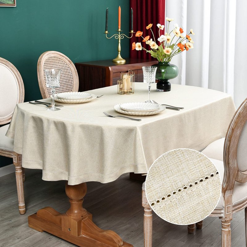 NEWISHER Farmhouse Oval Hemstitch Border Tablecloth Neutral Faux Linen Table Cloth Rustic Table Cover for Dining Kitchen Party Holiday Home (Beige, 60x84 Inch)