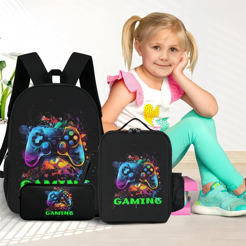 NELAGTR 3-Pcs Backpack School Bag Set For Boys And Girls Travel Study Backpack And Lunch Box And Pencil Bag (Game Backpack)
