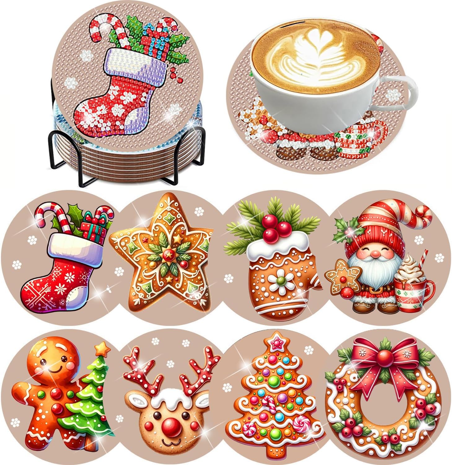 Skiennix Christmas Diamond Painting Coasters Kit - 8 Gingerbread Snowman Art Coasters with Holder | DIY 4x4 Inch
