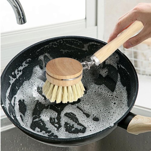 HARSKIYER Wooden Dish Brush Set, 4 Natural Bristle Replacement Heads with 1 Sturdy Wooden Handle, Sisal Kitchen Scrub Brush for Pots, Pans, Vegetables and Cookware
