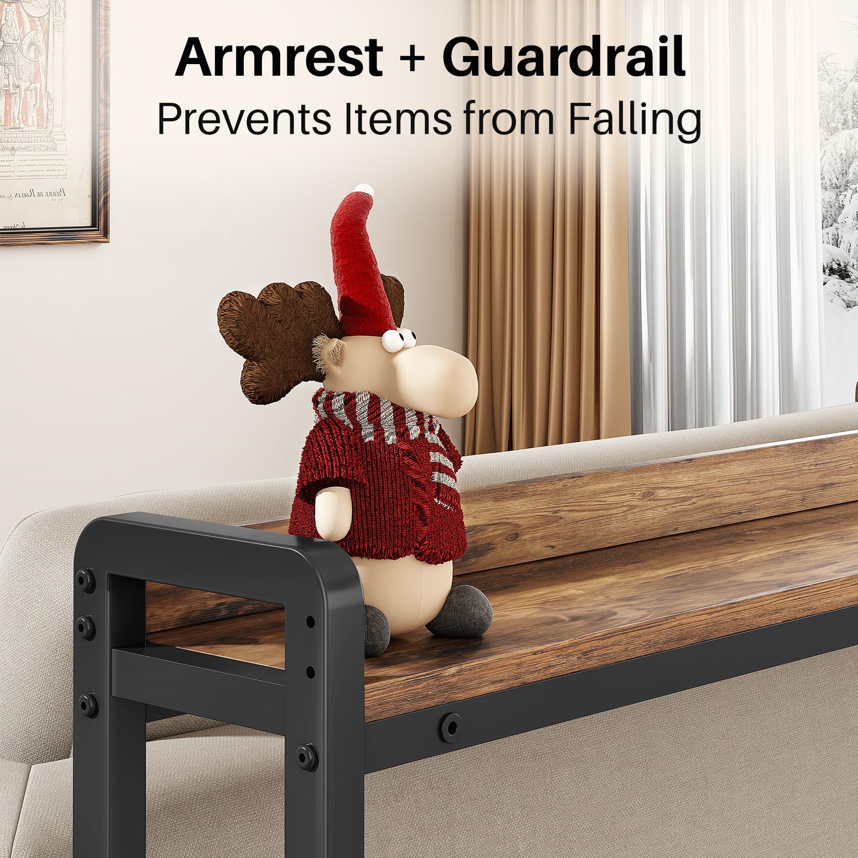 Kitstorack Narrow Entryway Console Table with Elevated Rear Fence & Power Outlets, Skinny Behind Couch Table, 39.4" Long x 5.9" Wide x 33.3" High, Thin Small Sofa Side Table for Living Room, Brown