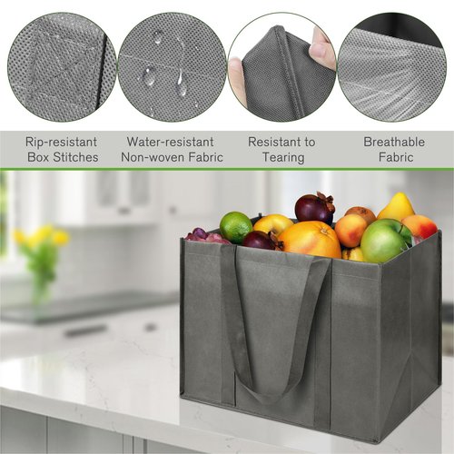 LadyRosian Reusable Grocery Bags Extra Large Foldable Shopping Bags 10 Pack Heavy Duty Kitchen Tote Bags with Handle Can Hold 45+lbs, Stands Upright, Foldable & Washable (Grey)