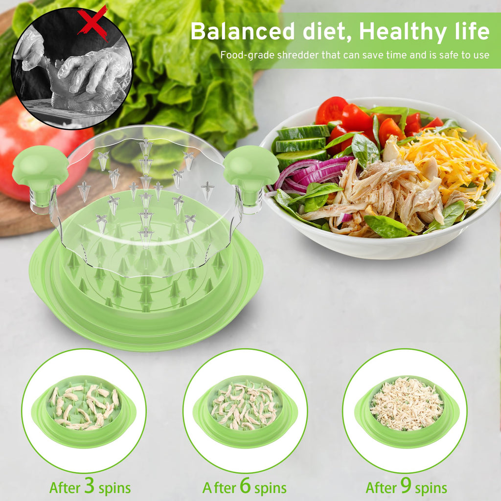 Upgrade Chicken Shredder, 10''Chicken Shredder Tool Twist with Transparent Lid, Ergonomic Handle and Anti-Slip Base, Dishwasher Safe, Cleaning Brush, Heat Resistant (Green)
