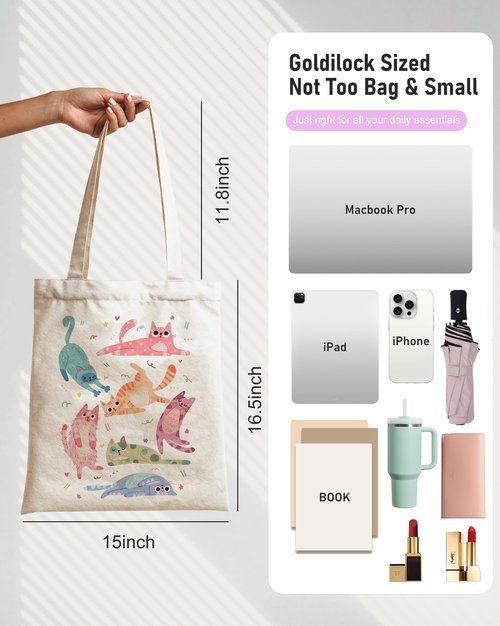 DYALE Cute Tote Bag Double-Sided Prints with Snap Closure, Gifts for Cat Lovers, Cute Cat Themed Canvas Tote Bag with Inner Pocket for Shopping, Library, Work, Travel