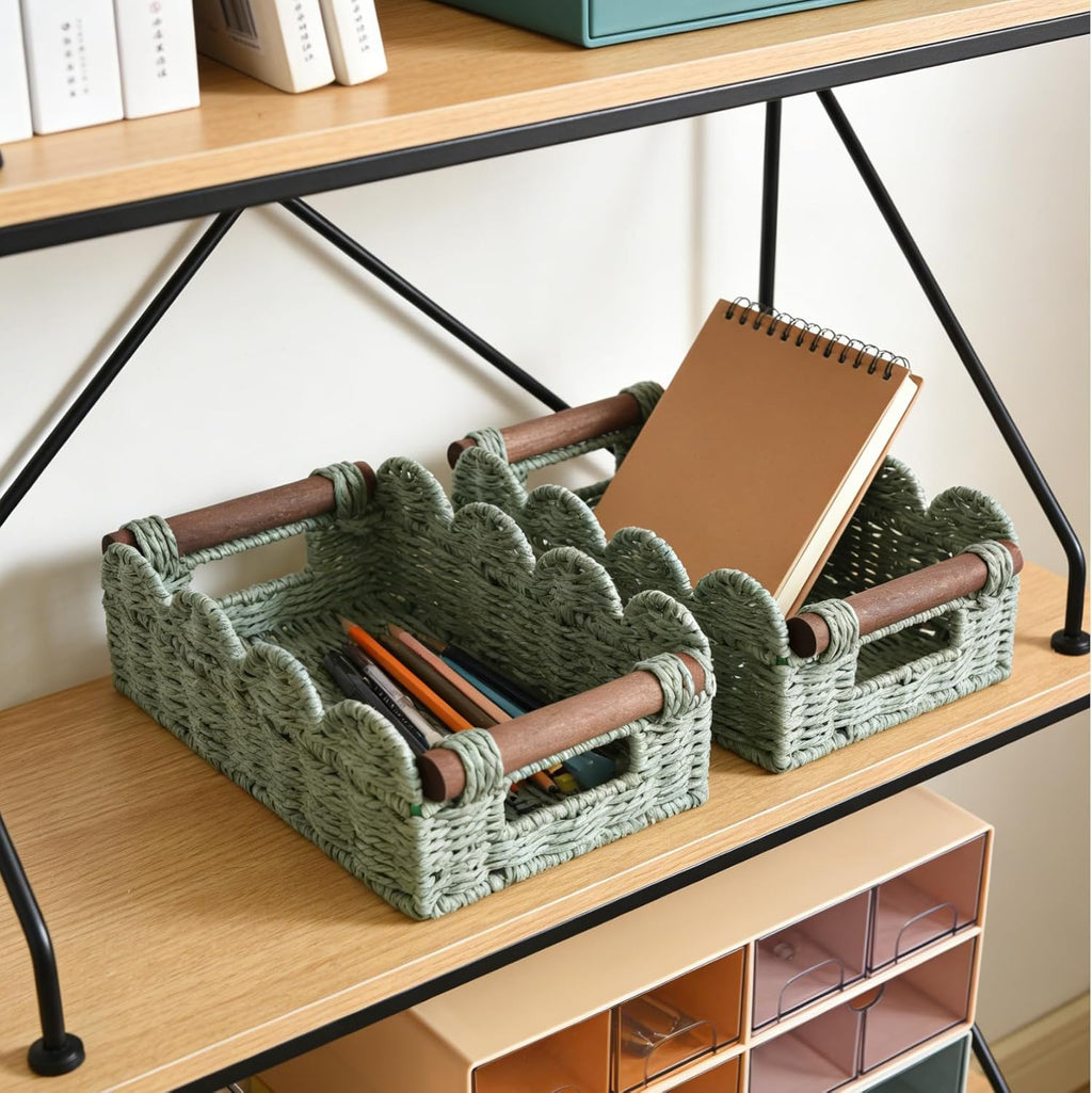 Regine Switzerland Handwoven Toilet Paper Storage Baskets - Set of 2, Scalloped Design, Green