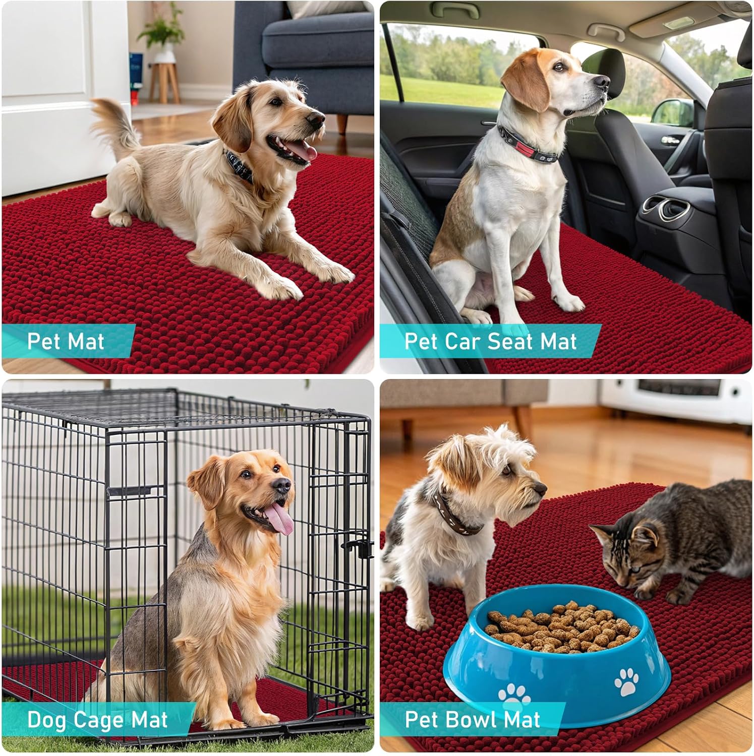 OLANLY Dog Door Mat - Absorbent Non-Slip Washable Chenille Mat for Muddy Paws | 47x20 Red