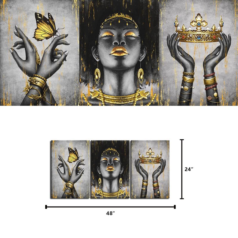 WELMECO Elegant African American Woman with Gold Crown Fashion Accessories Painting Giclee Prints Black Girl Canvas Poster Gallery Wrapped Artwork for Bedroom Living Room Makeup Room Decoration