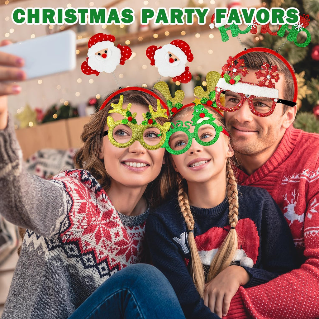 Skiennix Christmas Glasses & Headband Set - 12 Pack Glitter Eyewear & Holiday Accessories | One Size Fits All