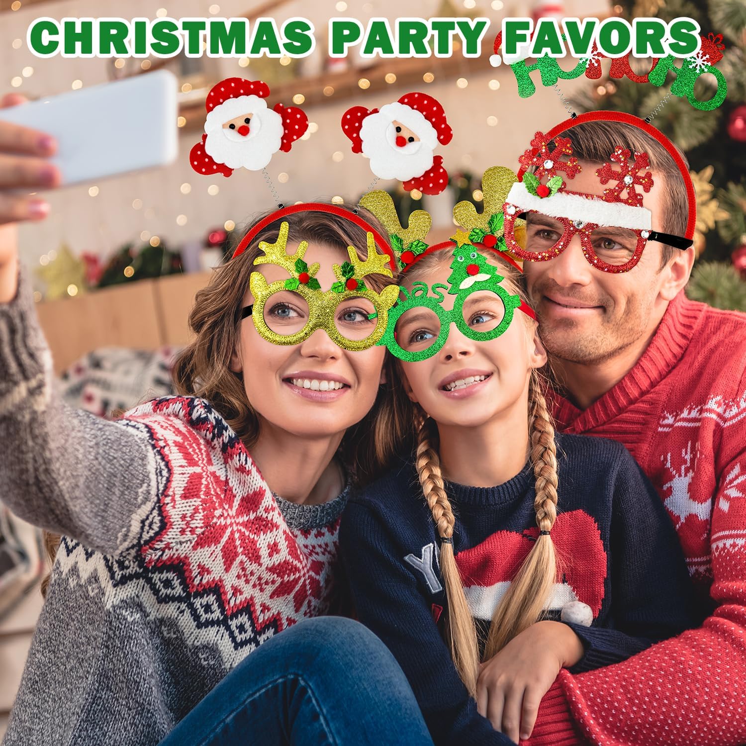 Skiennix Christmas Glasses & Headband Set - 12 Pack Glitter Eyewear & Holiday Accessories | One Size Fits All
