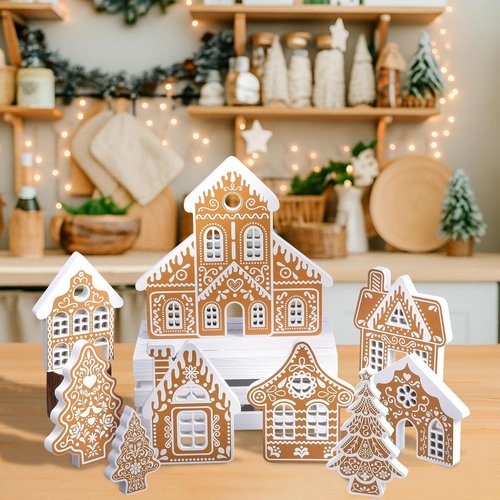 Faccito 9-Piece Wooden Gingerbread House Decor Set - Festive Christmas Village Centerpiece for Indoor Decorations
