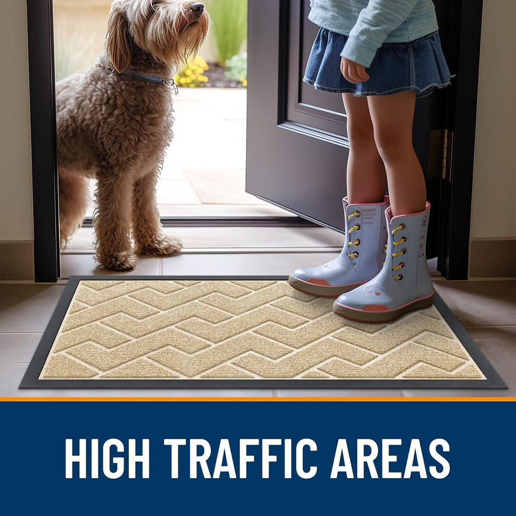 OLANLY Waterproof Front Door Mat - All-Season, Easy Clean Herringbone Design | Beige, 36x24 Inches