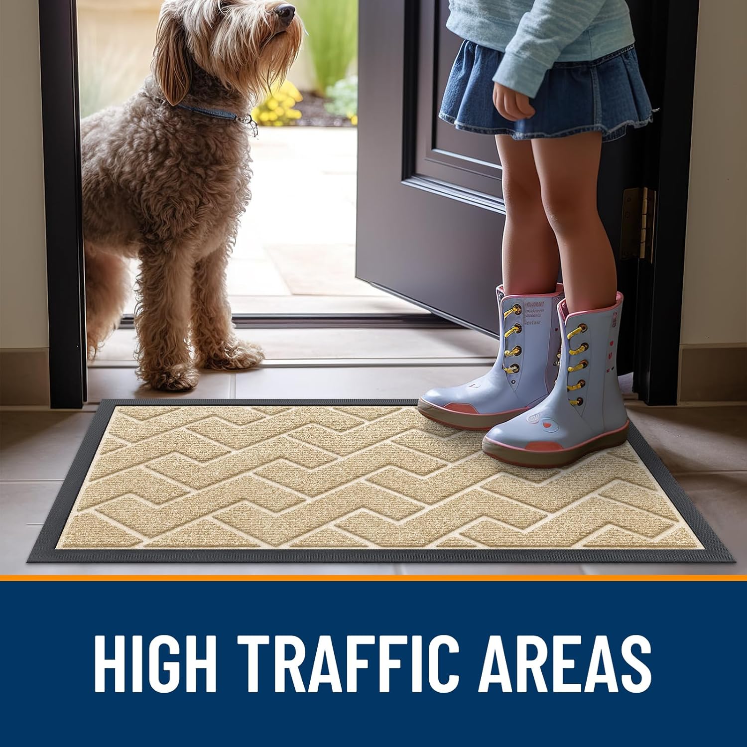 OLANLY Waterproof Front Door Mat - All-Season, Easy Clean Herringbone Design | Beige, 36x24 Inches