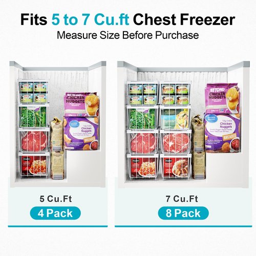 iSPECLE Freezer Organizer Bins, 4 Pack Deep Freezer Baskets for 5 to 7 Cu.Ft, Stackable Wire Chest Freezer Organizer Bins for Small Food, Strong Metal with Handles for Meat and Veggies, White