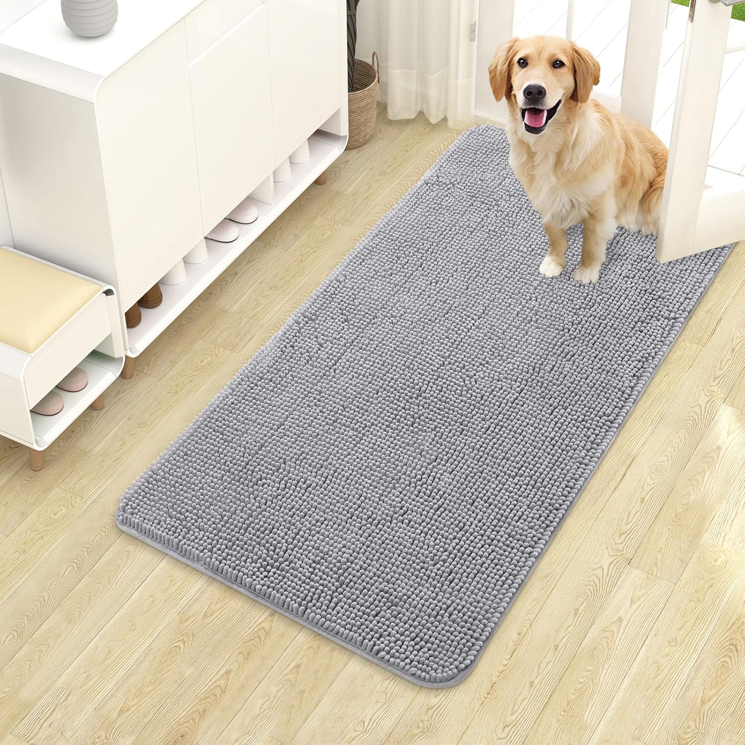 OLANLY Dog Door Mat - Absorbent Non-Slip Mud Mat for Indoor Use | Quick Dry Chenille, 40x24, Light Grey