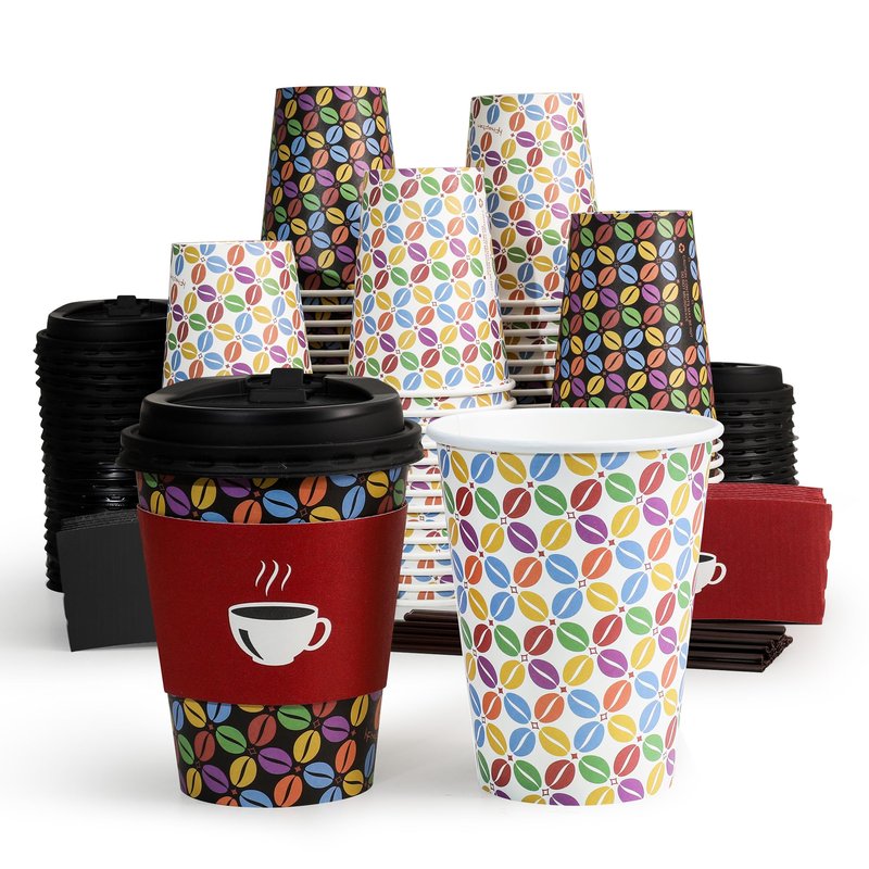 100 Pack 12 oz Paper Coffee Cups with Lids and Sleeves, To Go Paper Cups for Hot & Cold Beverage, Sturdy Thick Paper & Leak-free, Black & White Designs for Home, Business, Café, Juice or Tea.