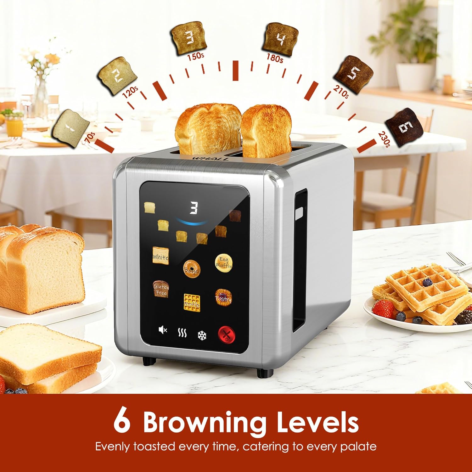 WHALL Stainless Steel 2-Slice Toaster - Full Touch Screen, Digital Timer, 6 Bread Types & Shades, Silver