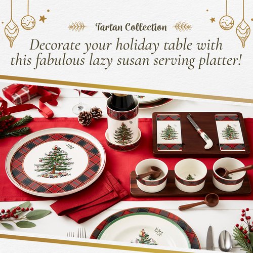 Spode Christmas Tree Lazy Susan - Tartan Plaid, Non Skid 360 Degree Rotation, Holiday Space Saver for Kitchen, Cabinet, Pantry, Rotating Spice Rack Organization for Easy Access, Festive Entertaining