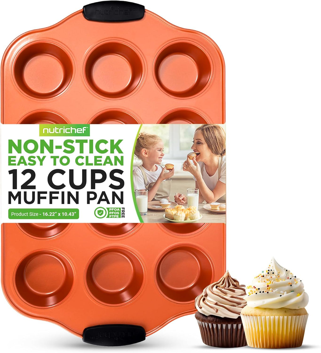 Nutrichef 12-Cup Muffin Pan - Durable Nonstick Carbon Steel Bakeware with Silicone Handles | Easy Clean, Stain Resistant, 16.22'' x 10.43''
