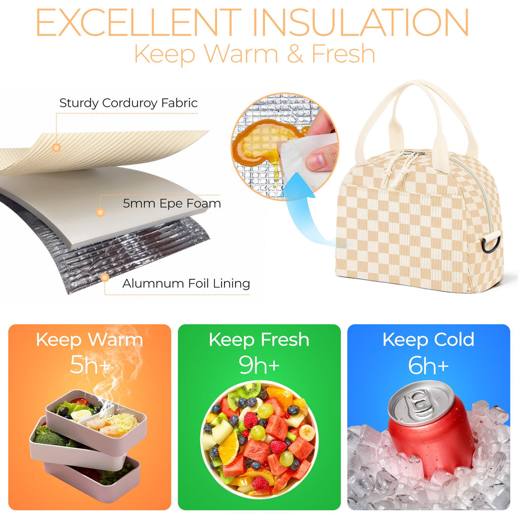 WOBAGMEN Lunch Box for Women,Checkered Lunch Bag Cute Corduroy Insulated Lunch Box With Shoulder Strap for Adult Womens for Work Picnic