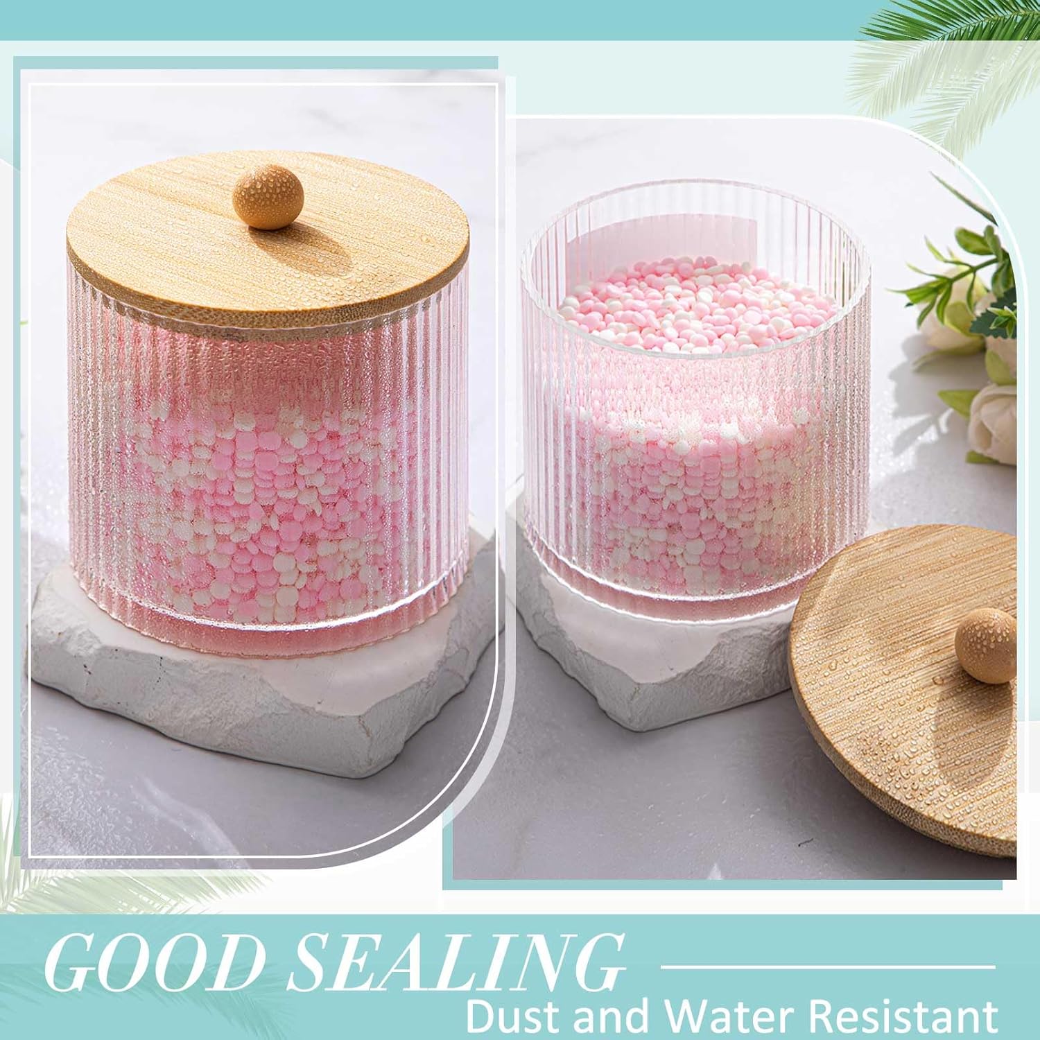 Yaomiao 6 Pcs Ribbed Bathroom Canisters - Stylish Apothecary Jars with Bamboo Lids & Labels | 18 oz Storage for Cotton Balls, Swabs, Floss Picks
