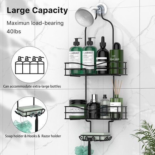 DAOYA Shower Caddy - 3-Tier Bathroom Organizer with Soap Holder & 6 Hooks | Fits 21mm Shower Head Arm, Black