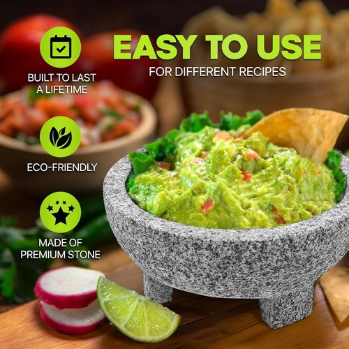 2 Sets Umien™ Granite Mortar and Pestle Set - 100% Granite - 3.5-Cups - 8-Inch – Avocado Tool Included – Natural Stone Molcajete for Spices, Pestos, & Guacamole (Grey) - Stone Grinder - Guacamole