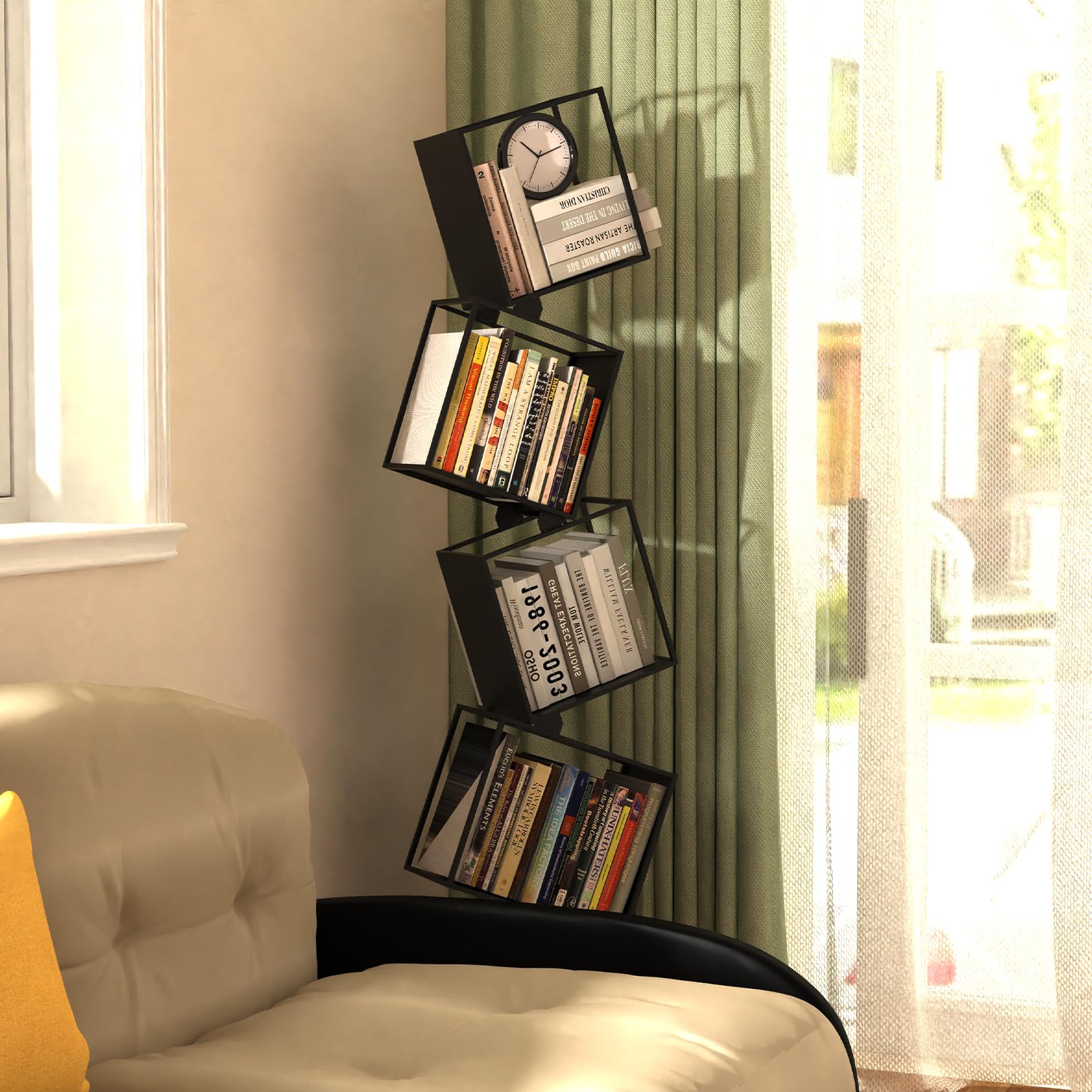 Kunicely 5-Tier Metal Geometric Bookshelf – Modern Narrow Floor Bookcase, Space-Saving Organizer for Living Room, Bedroom, Office, Corner – Black