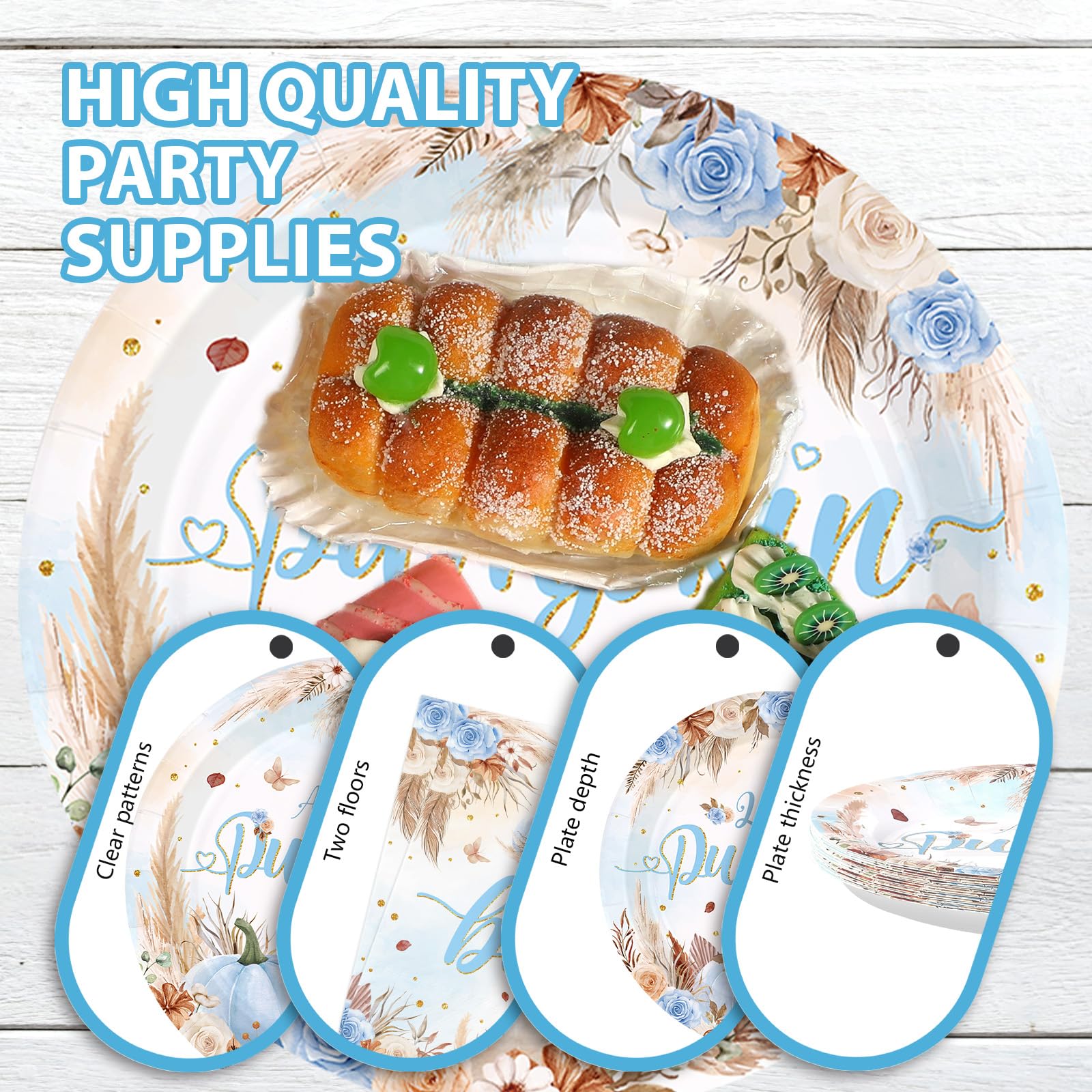 200Pcs Fall Little Pumpkin Baby Shower Decorations Blue Pumpkin Plates and Napkins A Little Pumpkin is on The Way Boho Floral Tableware Set for Boy Baby Shower Fall Thanksgiving Party Supplies Serve50