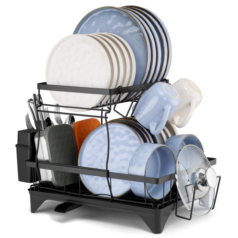 Herogo 2 Tiers Dish Drying Racks, Dish Drainers Racks with Drain Board for Kitchen Counter, Large Kitchenware Organizers with Utensil Cup Cutting Board Holder & Rotatable Spout, Detachable, Black