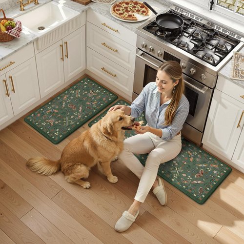 LEEVAN Anti Fatigue Mats for Kitchen Floor Non-Slip, Cushioned Kitchen Mats for Floor 20''x31''+20''x47'', Green Memory Foam Kitchen Mat Set