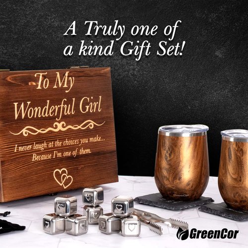 Anniversary for Her – ‘To My Wonderful Girl’ Engraved Wine Tumbler Set | Romantic Present for Wife or Girlfriend | Unique Wedding - Birthday Gift