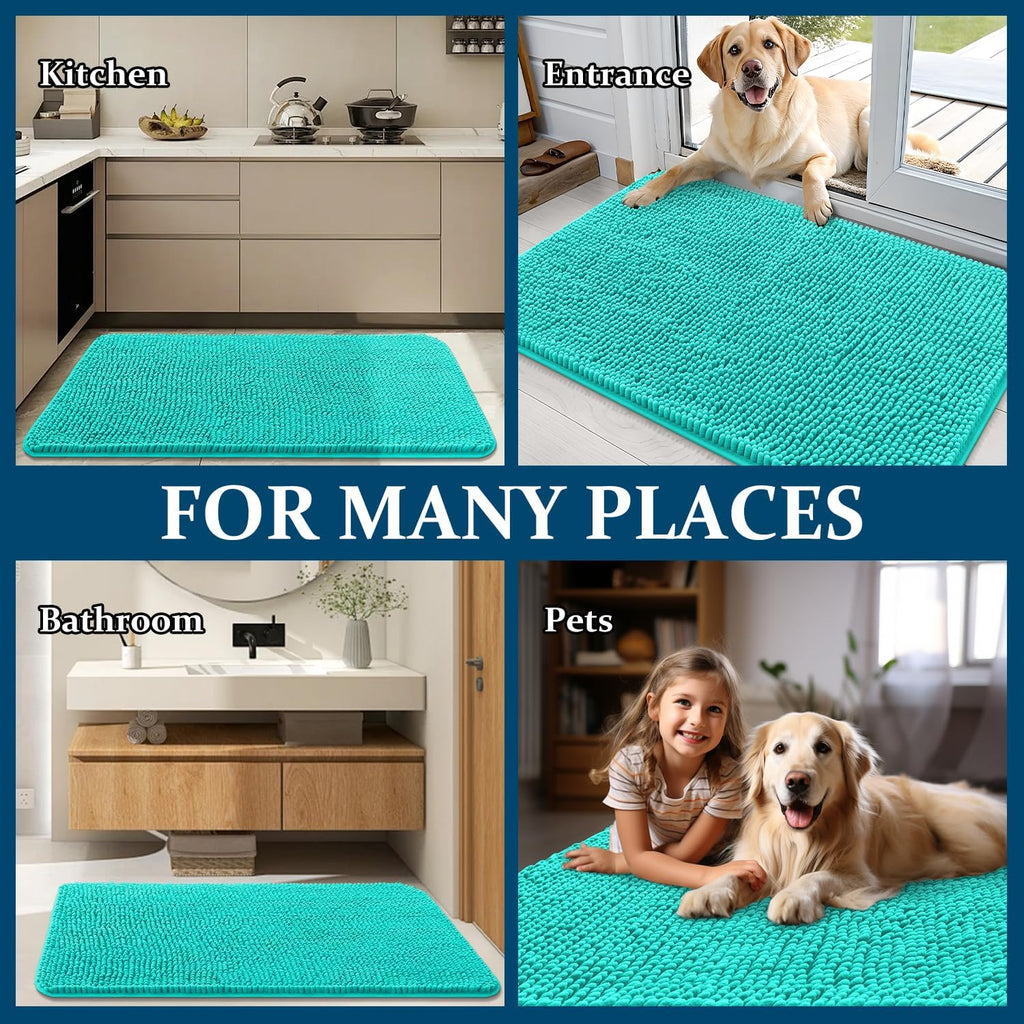 OLANLY Dog Door Mat - Absorbent Non-Slip Washable Doormat for Muddy Paws | 36x24 Teal Chenille Mat